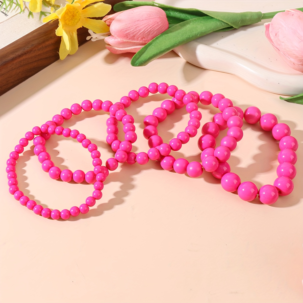 Image of 5pcs Of Easy And Elegant Shiny Bead Bracelets, Beautiful Women's Fashion Acrylic Bracelet Gift