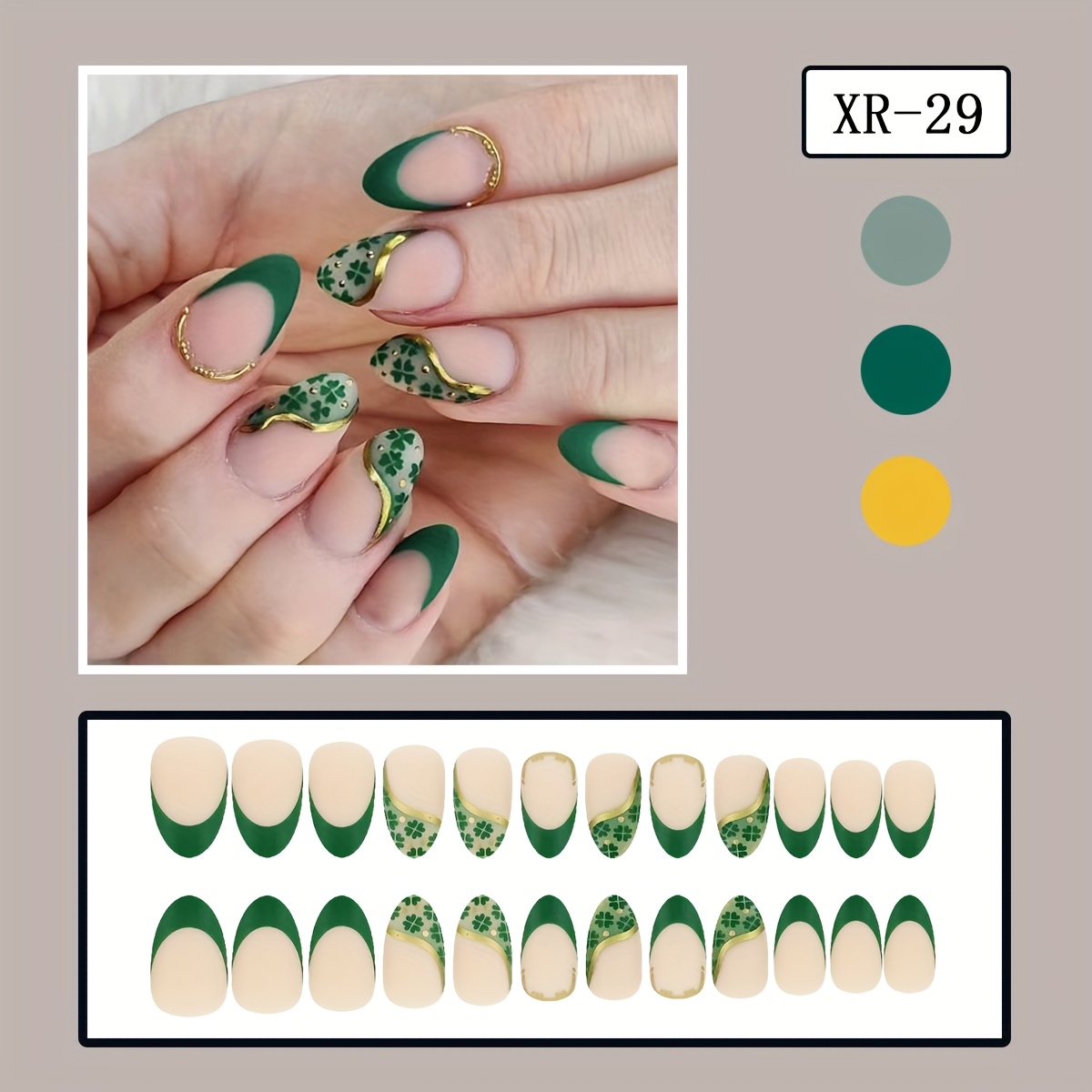 Image of 24pcs/set Short Almond Shape False Nails With Nail File And , 's French Clover Polka Full Coverage Matte Artificial Nail Pads For Spring Wear