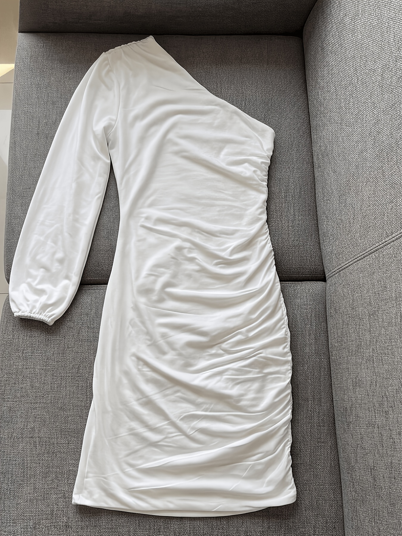 one shoulder white bodycon dress long puff sleeve ruched