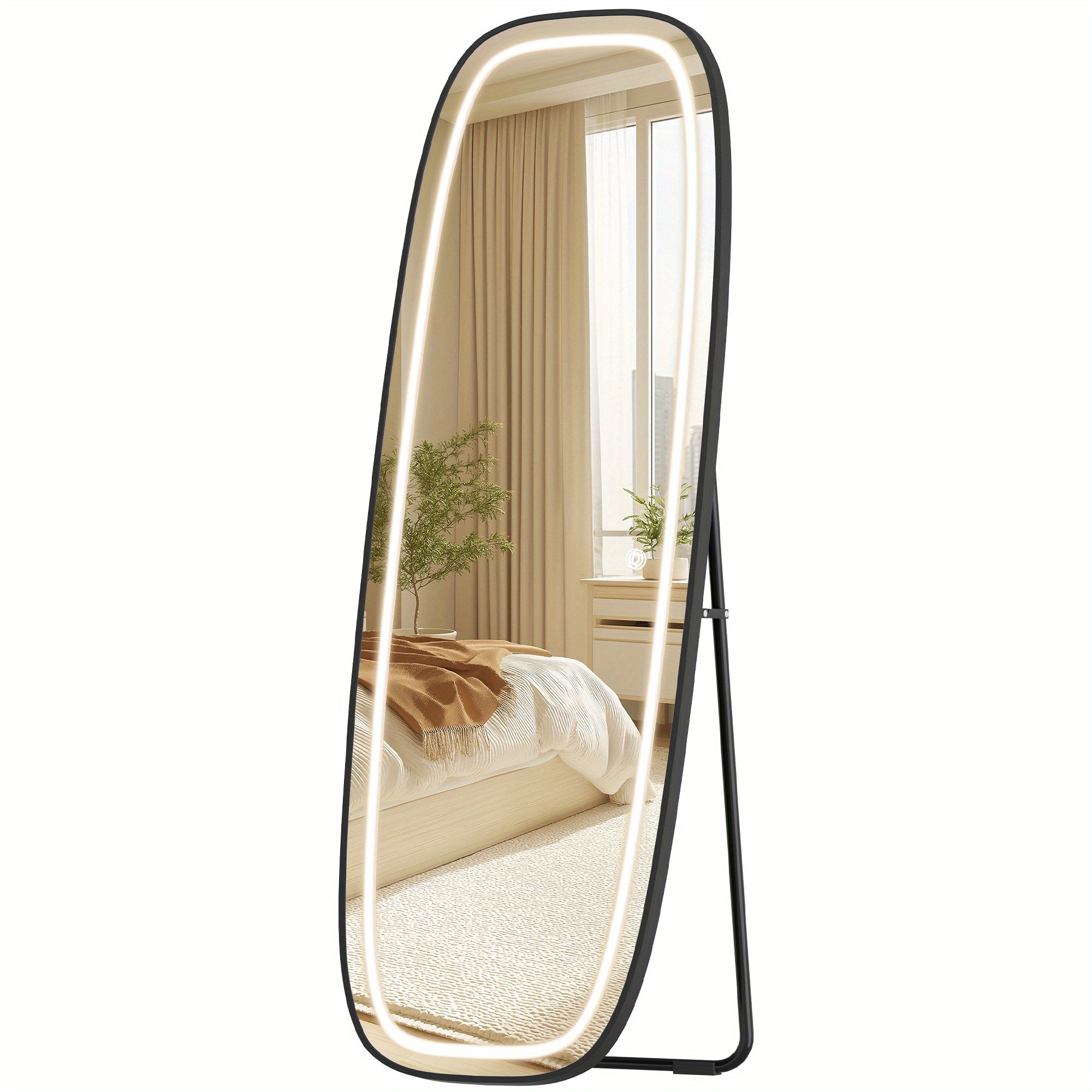 Image of Full-length Mirror With Lighting, 160 X 50cm, Curved Standing Mirror, Wall Mirror, 3 Light Colors, Touch Control, Suitable For Bedrooms And Dressing Rooms, Black, Jewelry Armoires