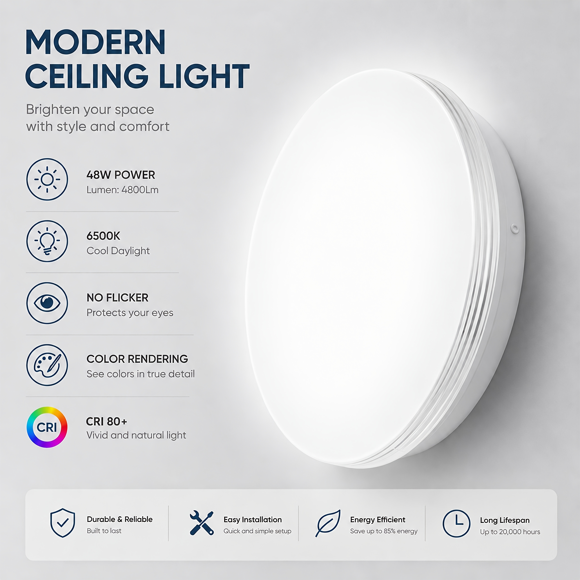 18w/24w/36w/48w Led Ceiling Lights, Round Led Ceiling Lights, 6500k Cool White Light, Cri 80+, Suitable For Living Room, Bedroom, And Study Lighting