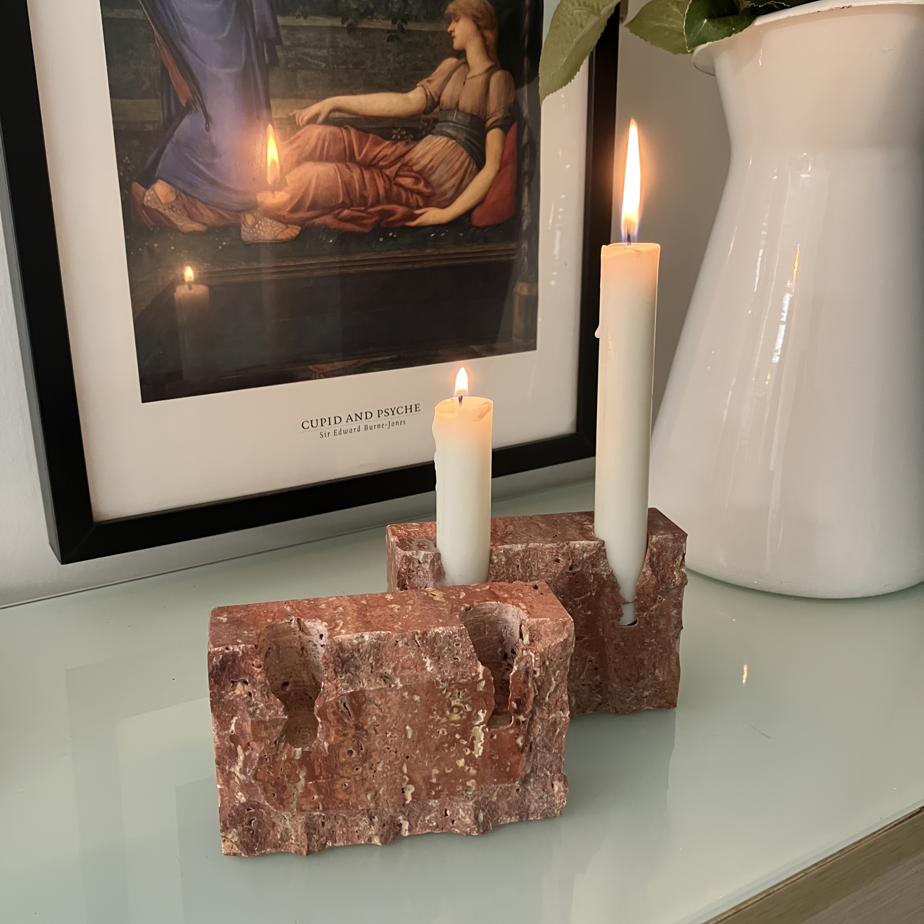1pc Natural Red Marble Candle Holder - Uniquely Designed Rectangular Two-Hole Candleholder, Holiday Candle Holder, Onyx Candle Holder Base, Travertine Candle Holder, Multi-Branch Candle Holder, Suitable for Weddings, Parties, and Holiday Decoration.