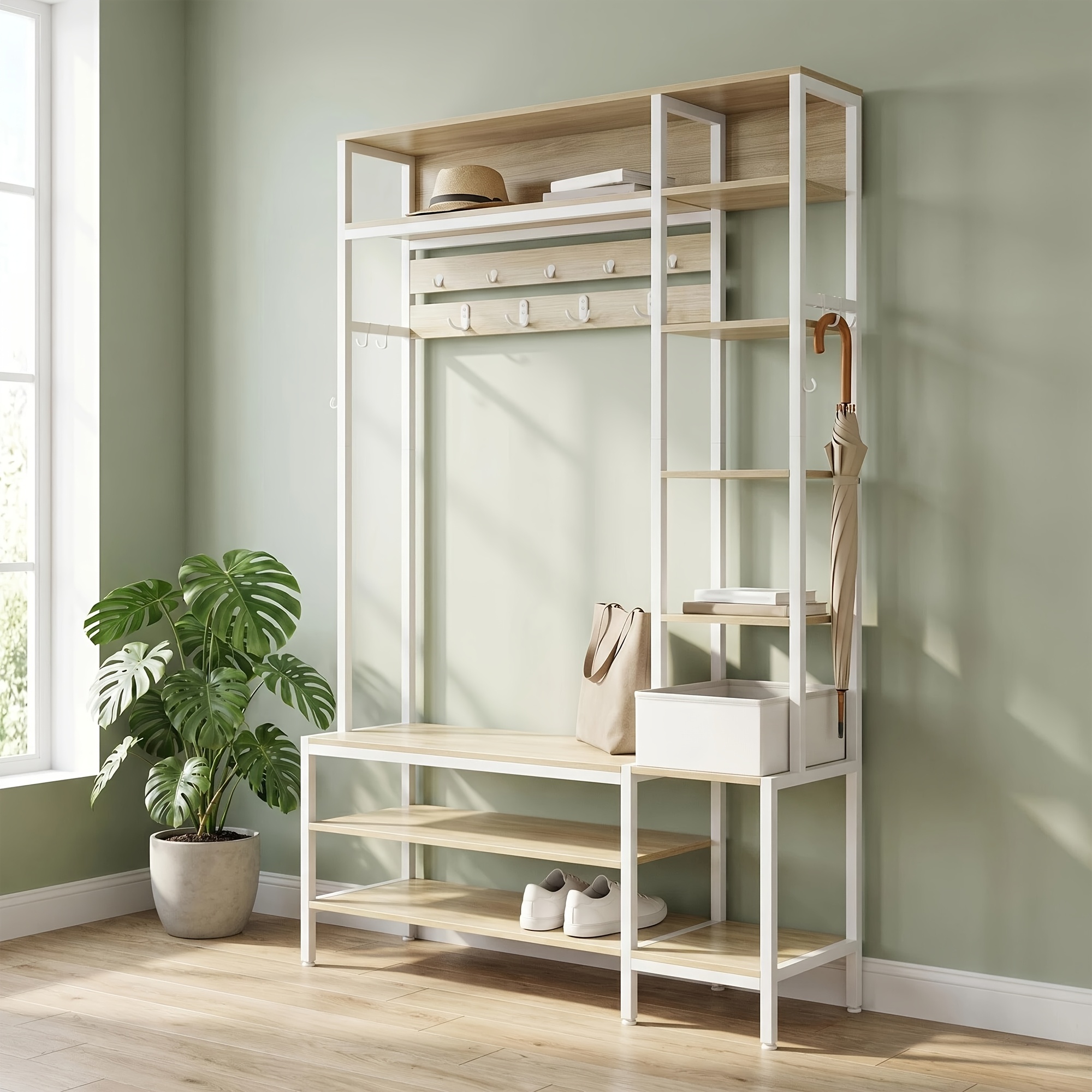 And Black Entryway Storage Solution: A Four-in-one Floor-standing Coat Rack With A Shoe-changing Stool, Featuring Multiple Hooks And Storage For The Living Room And Hallway.
