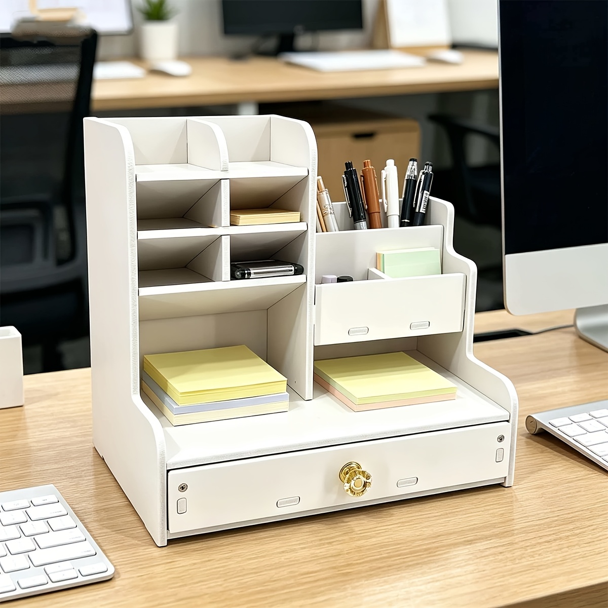 White Desktop Bookshelf Diagonal Insertion Pen Holder, Minimalist Drawer Style Office Supplies Stationery Box Storage Rack Desktop Marker Storage Box
