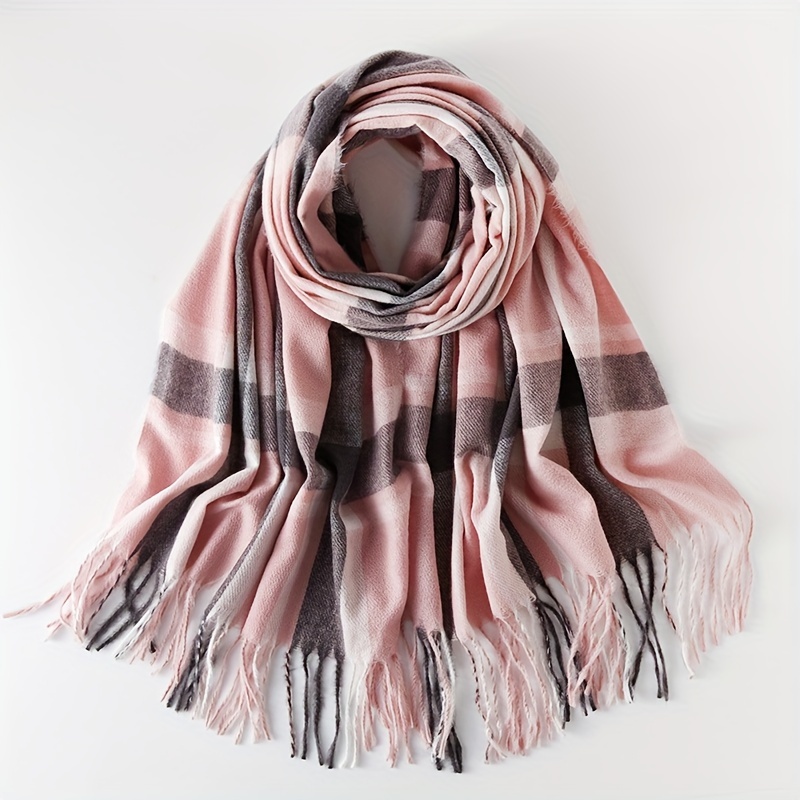 

Women's Plaid Fringe Scarf, Pink And Grey Checkered Thickened Warm Long Scarf, Classic Elegant Style, Hand Wash Or Dry Clean, Elastic, Casual Outdoor, Warm, Decorative, Windproof, Woven Fabric