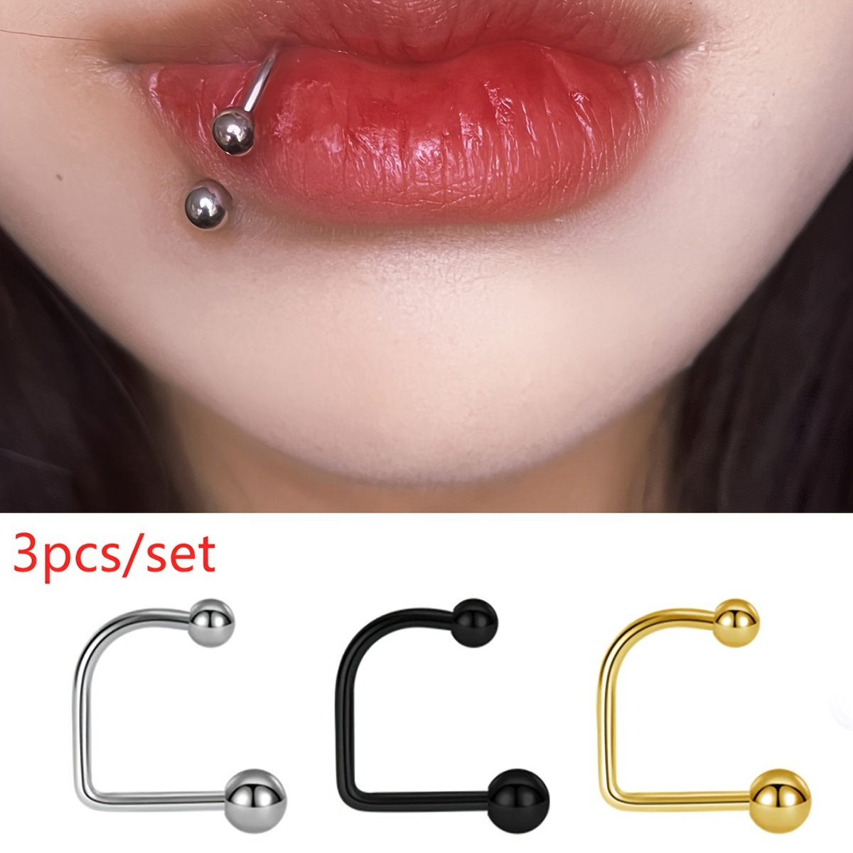 3pcs/set Stainless Steel D-shaped Lip Ring Lip Nail Size Ball Stainless Steel Piercing Set Decorations for Men and Women