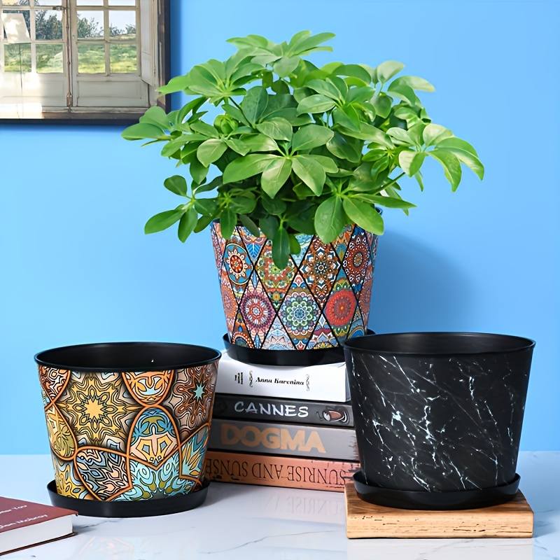 Two Large Round Flower Pots Made Durable Plastic Featuring A