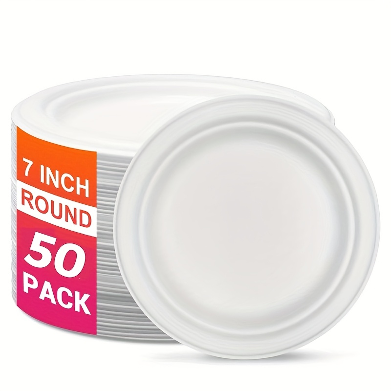 Image of 6/7-inch Disposable Paper Plates [50-count] Sugarcane Plates, Plates, Suitable For Parties, Events, Bbqs, Camping, And Picnics