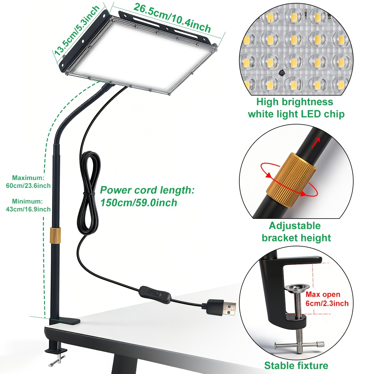 Clamp-Style USB LED Workbench Lamp with Adjustable Height and Angle