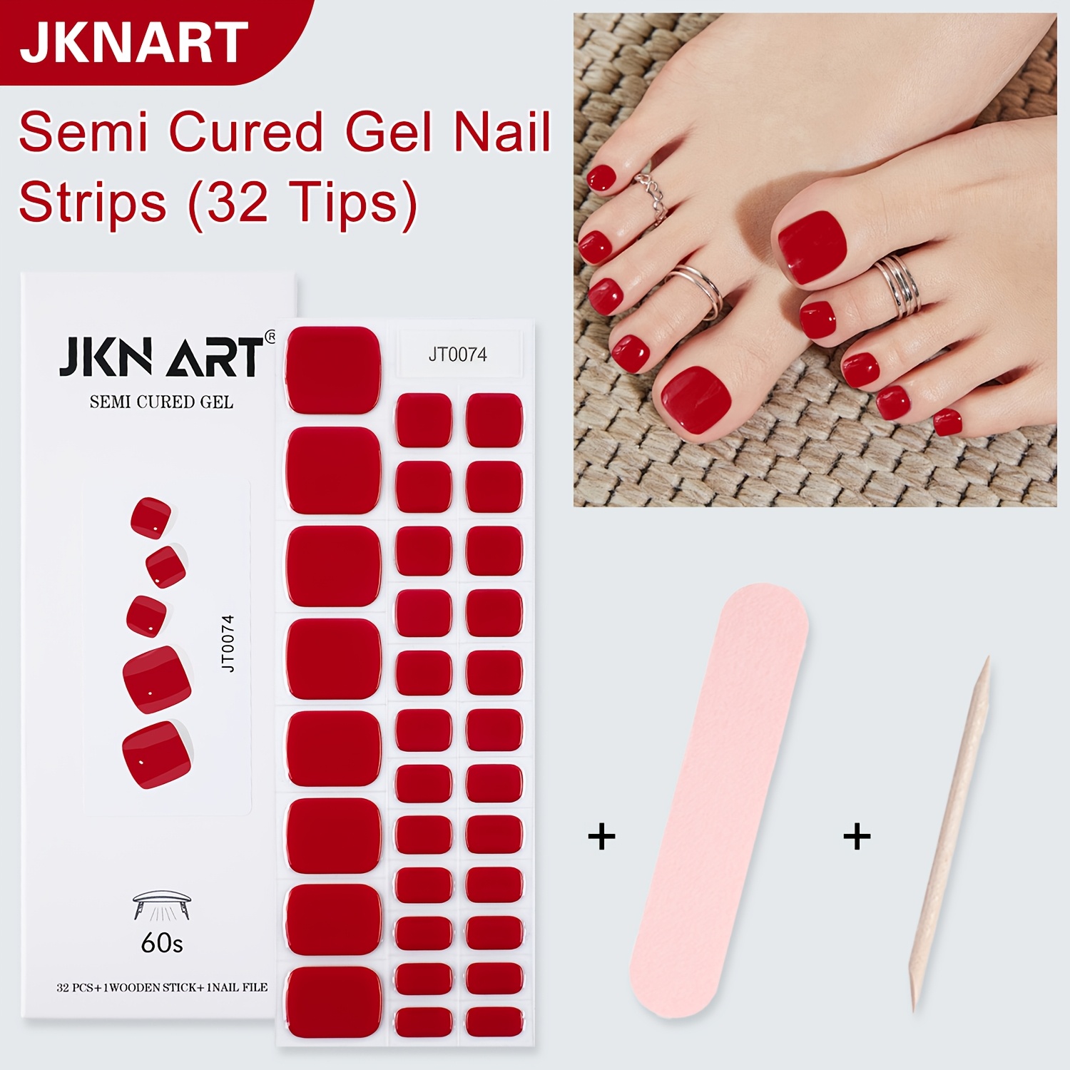 Jknart Red Semi-cured Gel Nail Stickers For Toenails, Gel Nail Decals, , Long-lasting And Durable, Easy To Apply And Remove, Requires Lamp Curing, Low-cost Manicure