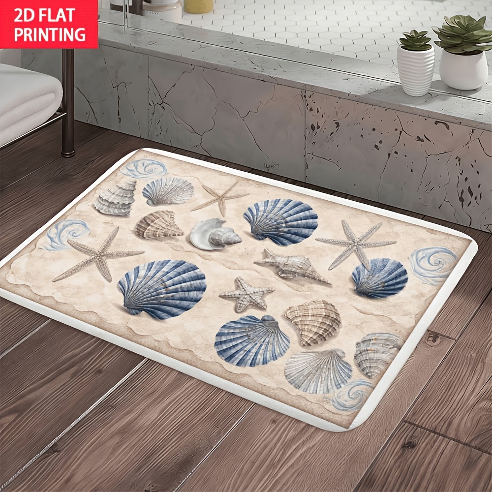TEMU [ Product] Handcrafted Coastal Seashell And Starfish Rug - Non-slip Absorbent Flannel Mat, Suitable For Home, Bathroom, Beach Entrance, Machine