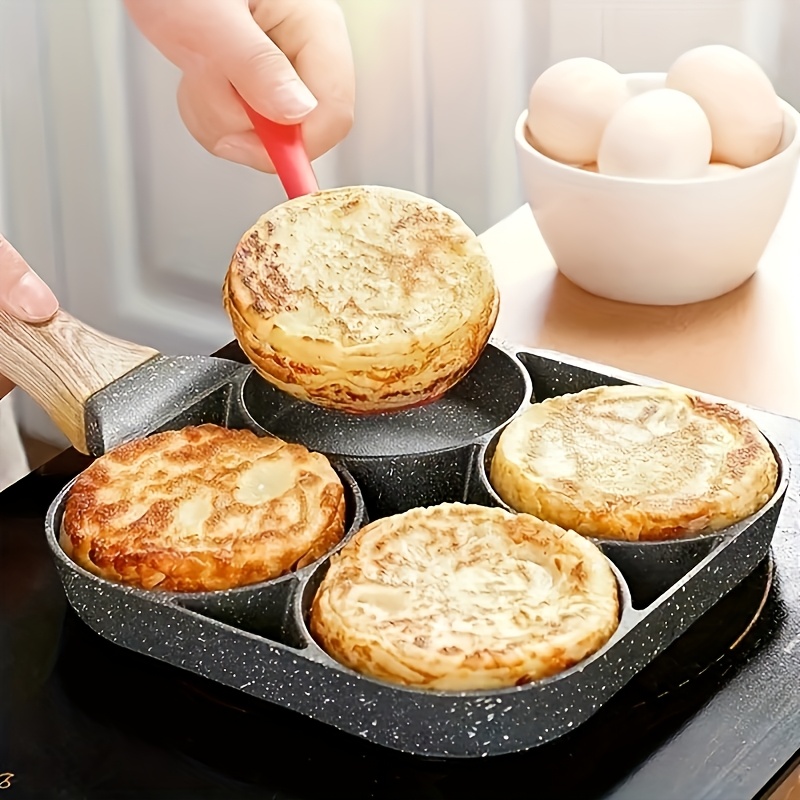 1pc Versatile 4-hole Fry Pan For Eggs, Pancakes & - Durable Aluminum Alloy With Wooden Handle, Ideal For