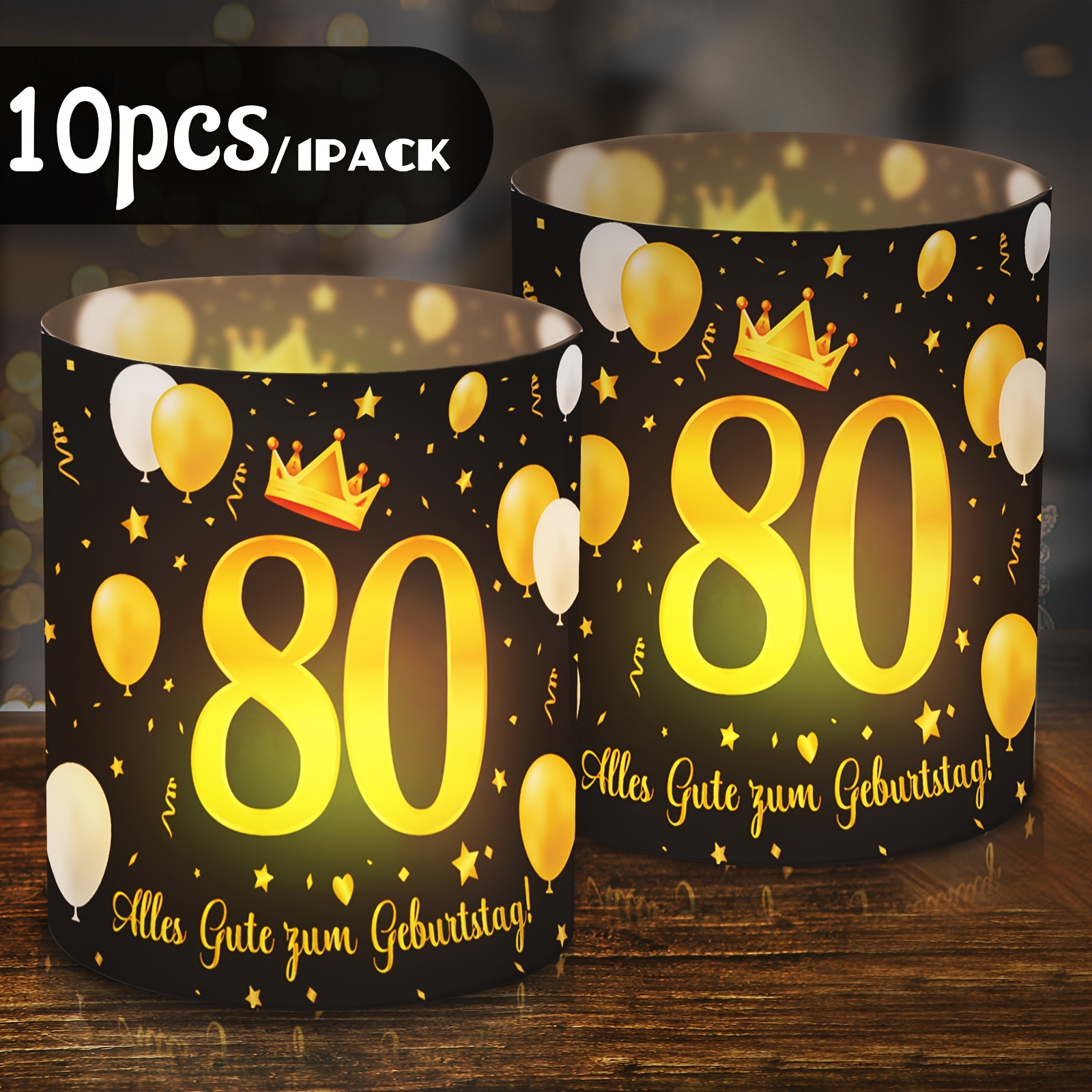 Image of 10pcs Black Element Table Decoration Lampshade Set 80 Birthday Party Essential | Is Printed With The Words "alles Gute Zum Geburttag!" Happy Birthday, Suitable For Tea Lamps Or Candle Holders