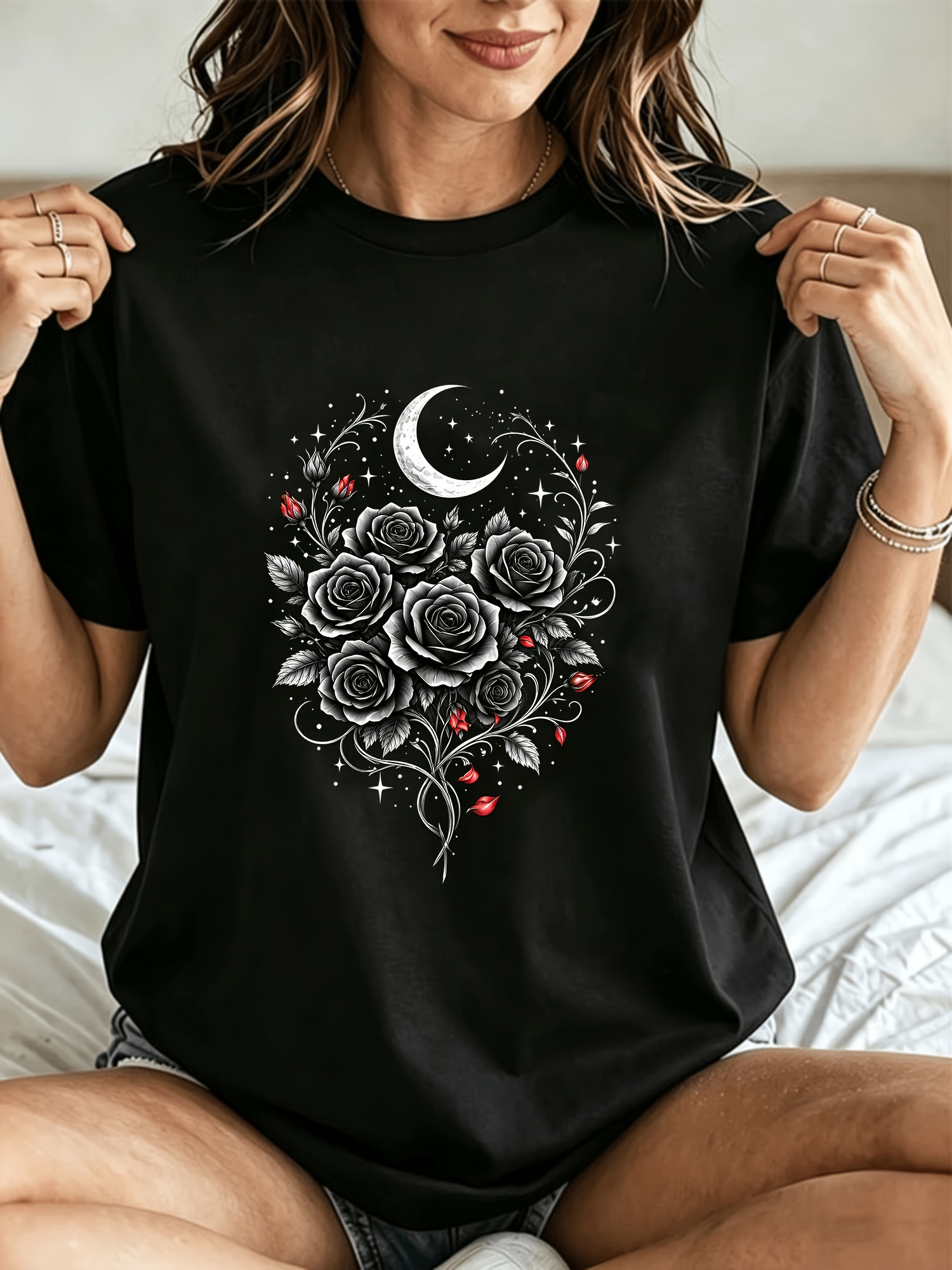 item picture womens black graphic t shirt gothic dark gray rose   vines print with red accents witchy dark academia spooky aesthetic casual top