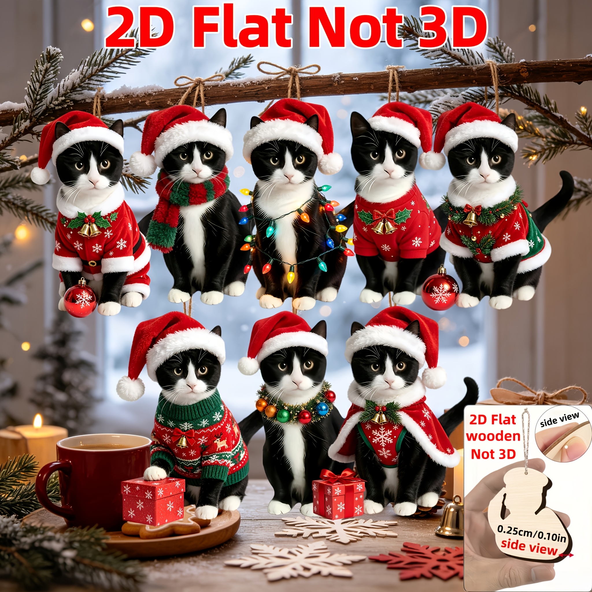 TEMU Set da 8 pezzi di adorabili e carini ornamenti da appendere in legno a forma di -gatto. Le simpatiche mucche-gatto progettate con abiti natalizi