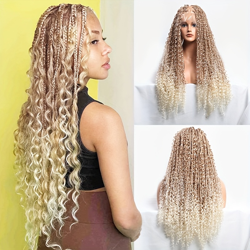 TEMU 360 Degree Hd Full Lace Boho Braided Wigs For Women Box Braid Wig With Curly Ends Knotless Braided Wigs With Premium Synthetic Blonde Lace Front Braid Wig 30 Inch