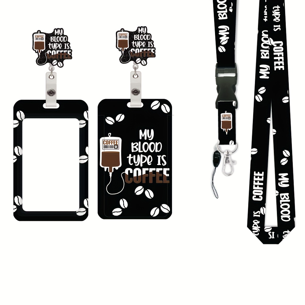 TEMU 1pc Funny Id Holder Badge - "coffee Is Type" With Lanyard Attachment, Glittery Coffee Cup & Beans Design - Office Accessories, Id Gift For