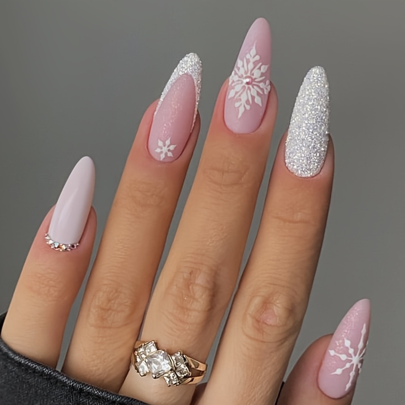 TEMU Christmas Press On Nails Press On Nails Medium Almond French Fake Nails 24pcs Full Cover Acrylic Snowflake Glitter Rhinestone Design For Woman