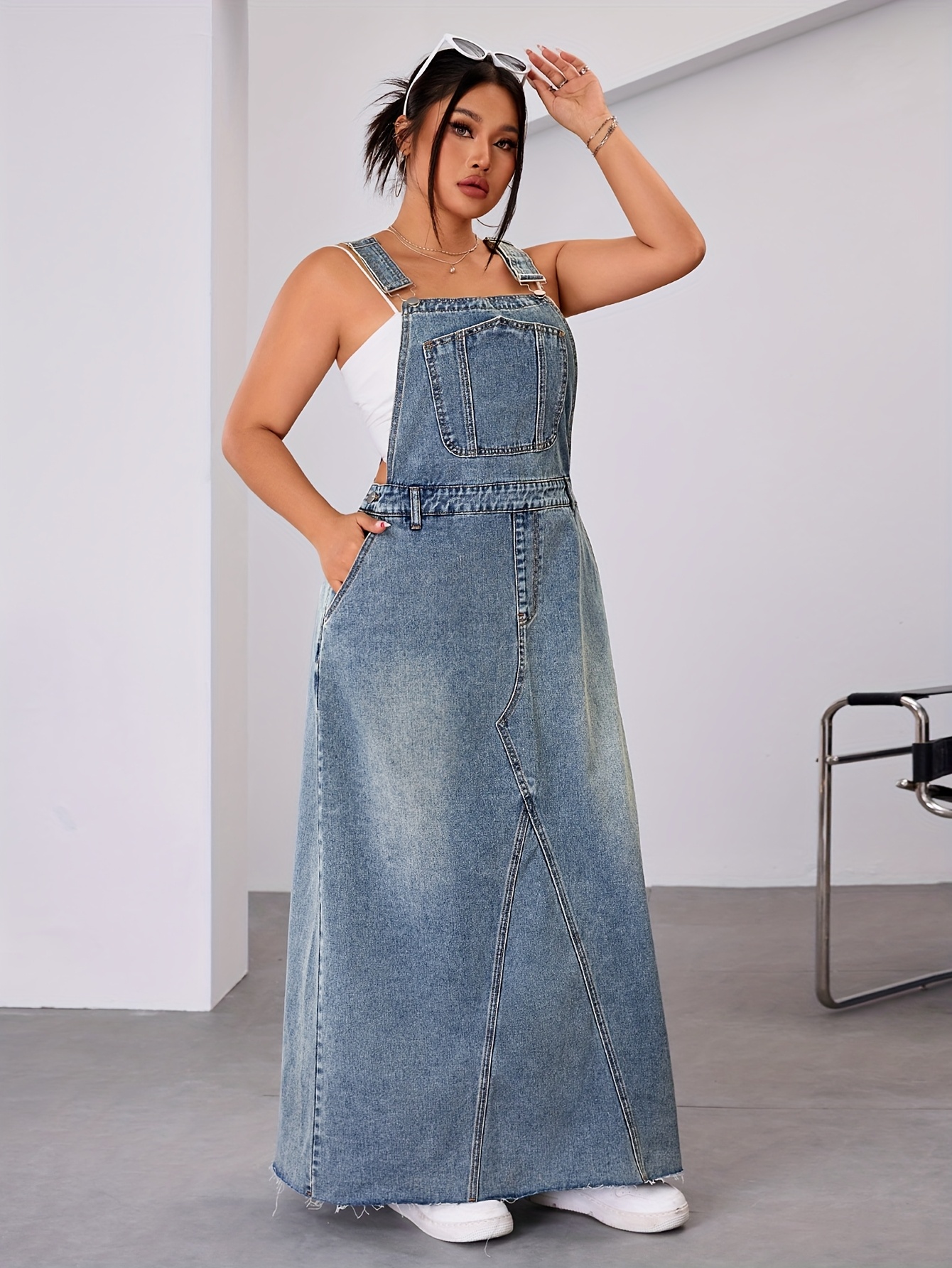 maxi denim dresses for older ladies Plus Size Daily Blue Button Overall Tencel Denim Maxi Dress