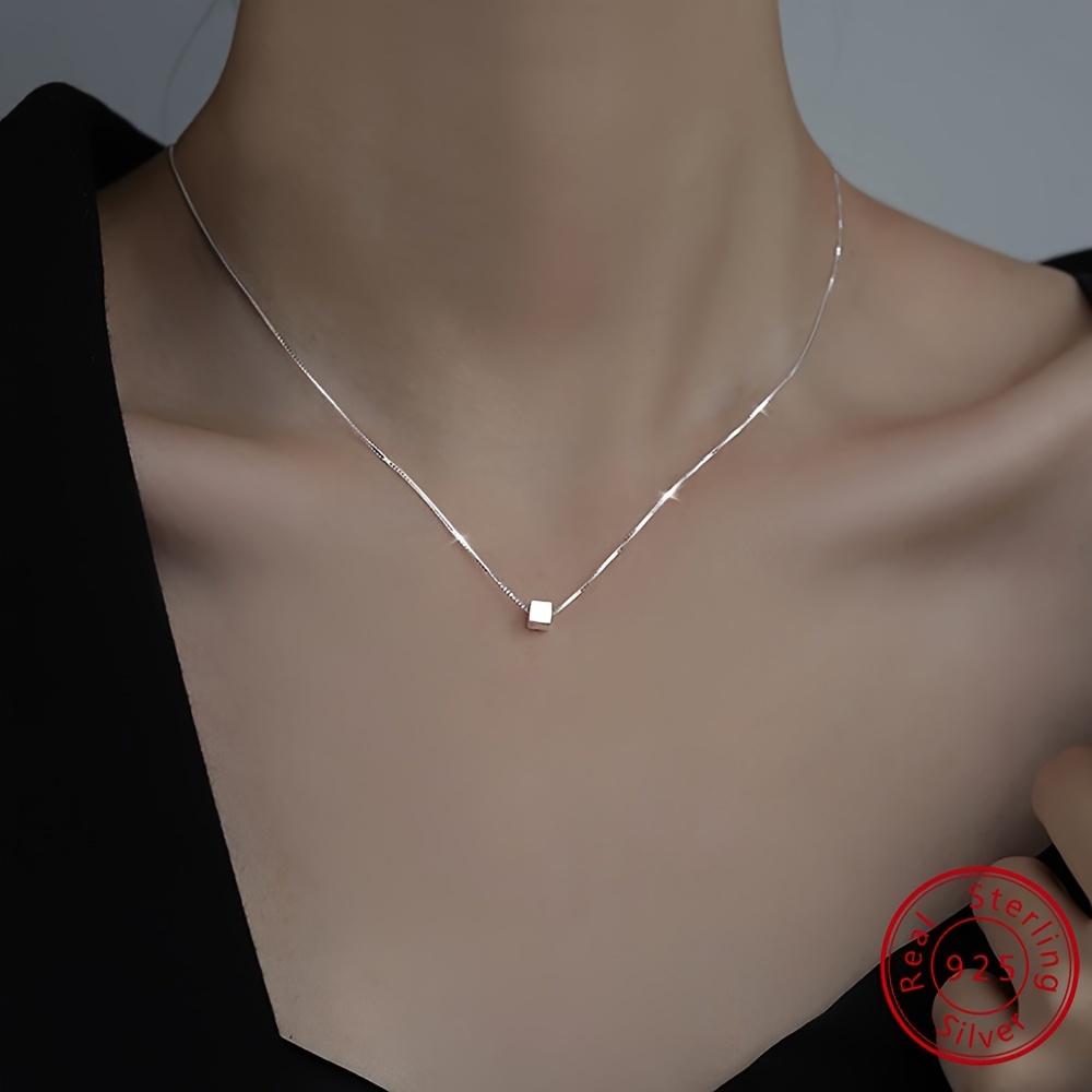 

925 Sterling Silver Small Square Pendant Necklace, Exquisite Clavicle Chain Neck Jewelry For Women