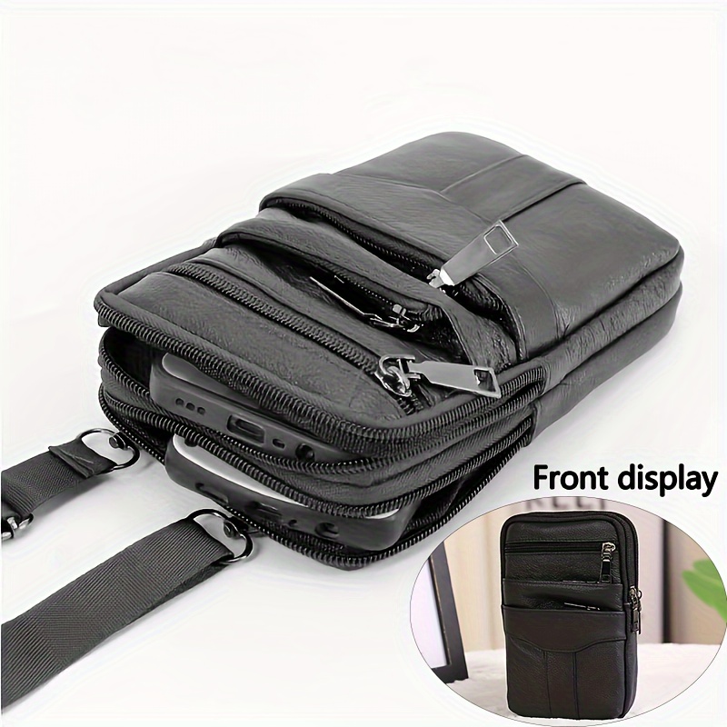 TEMU Men's Retro Waist Bag, Genuine Leather Top Layer Cowhide Sling Bag Solid Color Business Belt Pack For Daily Commute