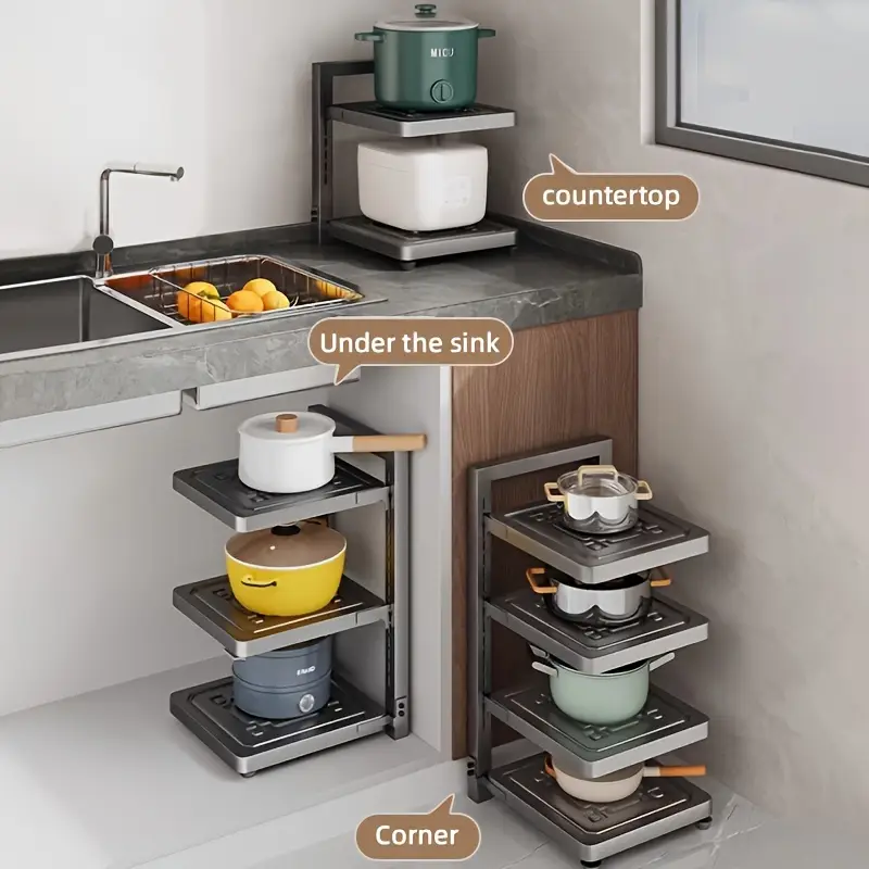 kitchen cabinet under sink pot and bowl storage rack heavy duty pot and bowl storage rack for under sink lid storage rack kitchen cabinet storage rack with 4 adjustable layers Product details 4