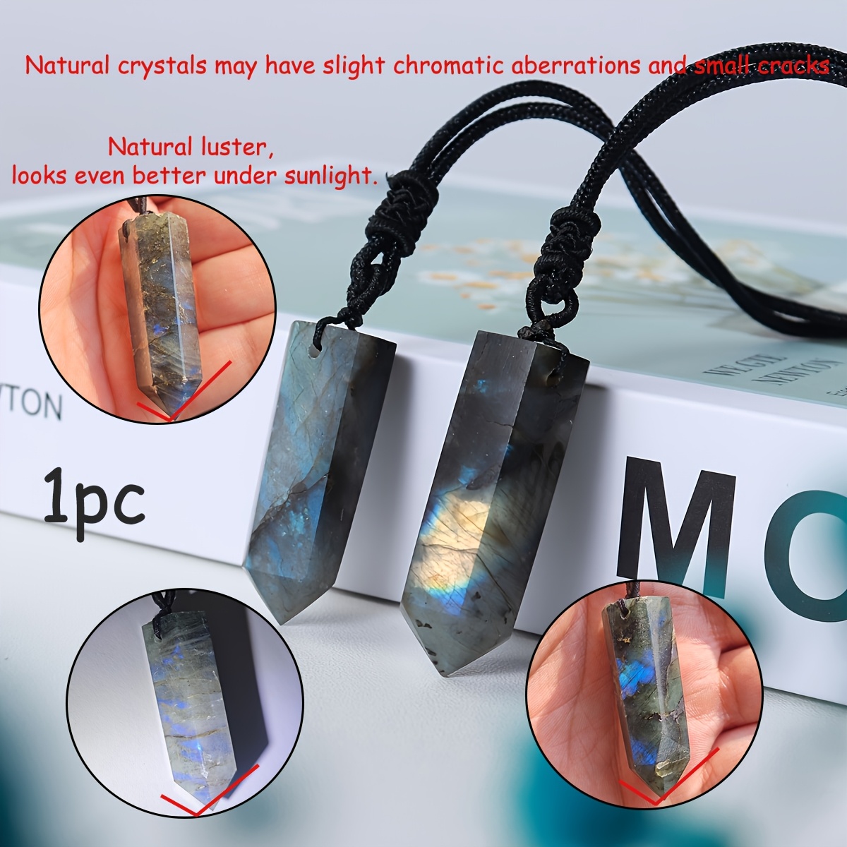 Image of 1pc Natural Labradorite Stone Pendant, Blue Stone, Adjustable Rope Long Necklace, Easy Versatile Collarbone Chain, Daily Wear And Holiday Gift