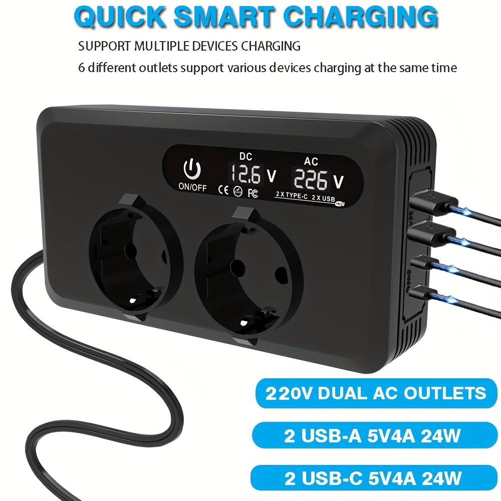 Onduleur de Puissance pour Véhicule 400W Convertissant DC 12V en AC 230V, avec Adaptateur de Voiture et 2 Ports USB, 2 Ports Type-C, un Écran LCD et des Prises AC, Conçu pour l'UE