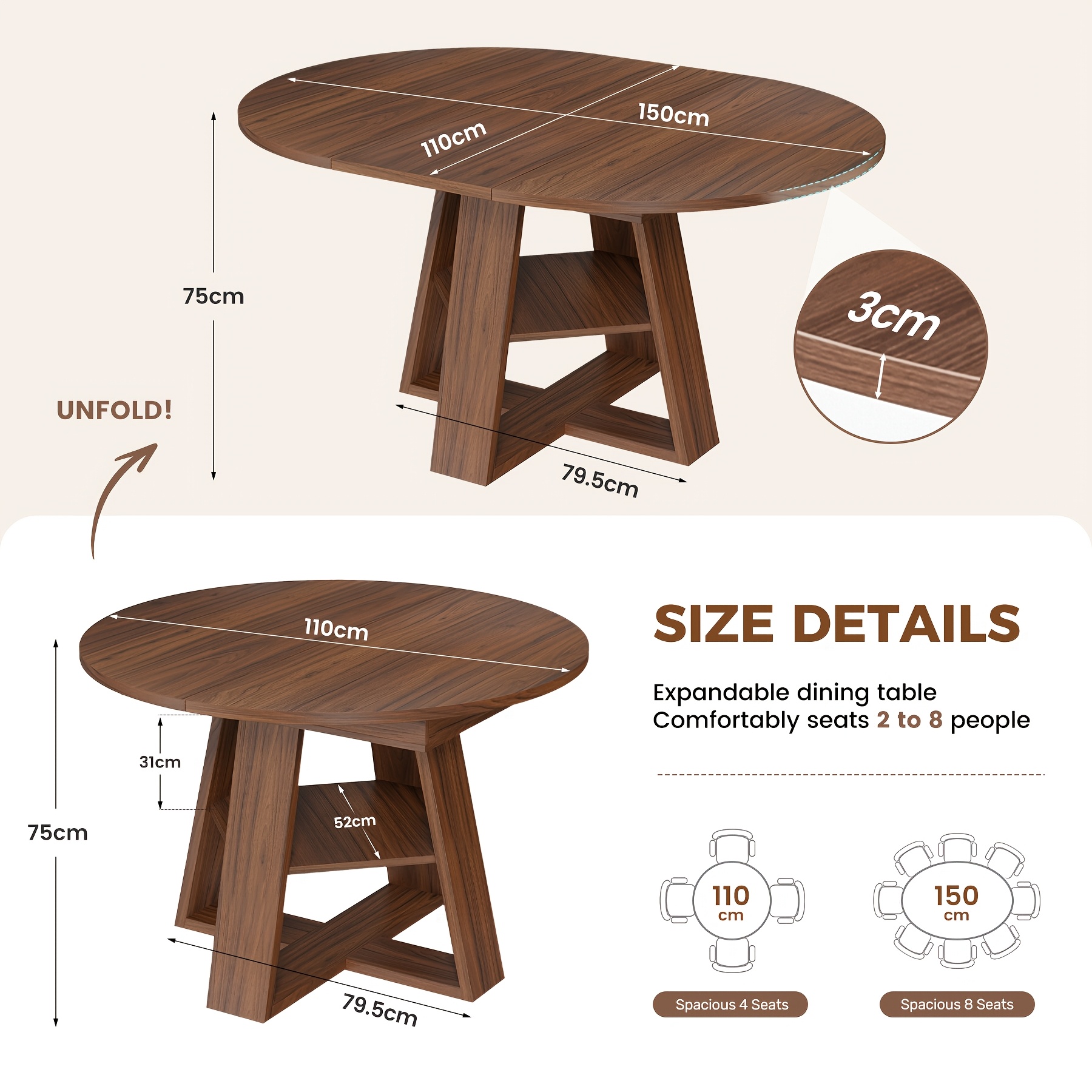 43.3-59 In Round Extendable Dining Table For 4-6, Modern Oval Dining Table With Removable Leaf And Pedestal Base, Expandable Kitchen Table For Dining Room, Apartment