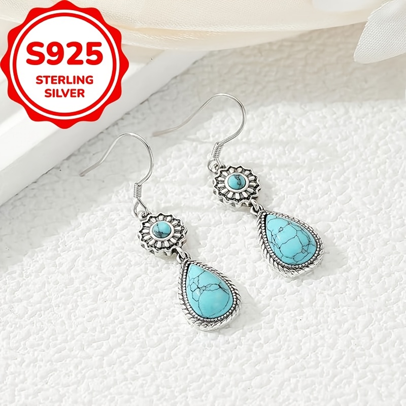 925 Sterling Silver Teardrop Dangle Earrings, Bohemian Turquoise Inlay