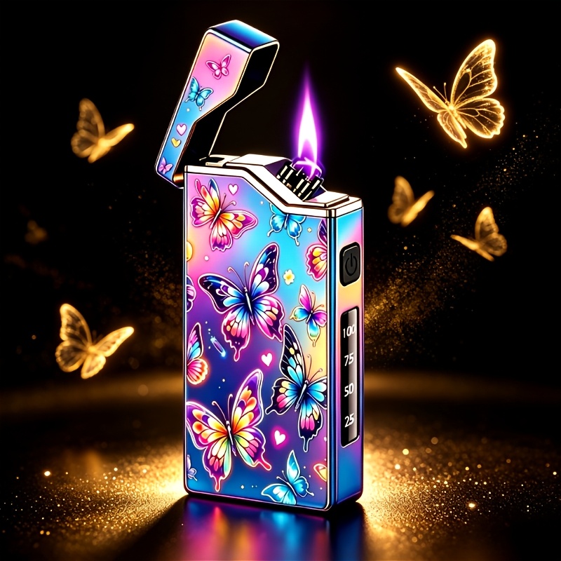 TEMU Pattern Print, Metal Material, Usb-c Rechargeable, Dual Arc Plasma Lighter, Windproof Flameless Lighter, Electronic Lighter With Led Battery