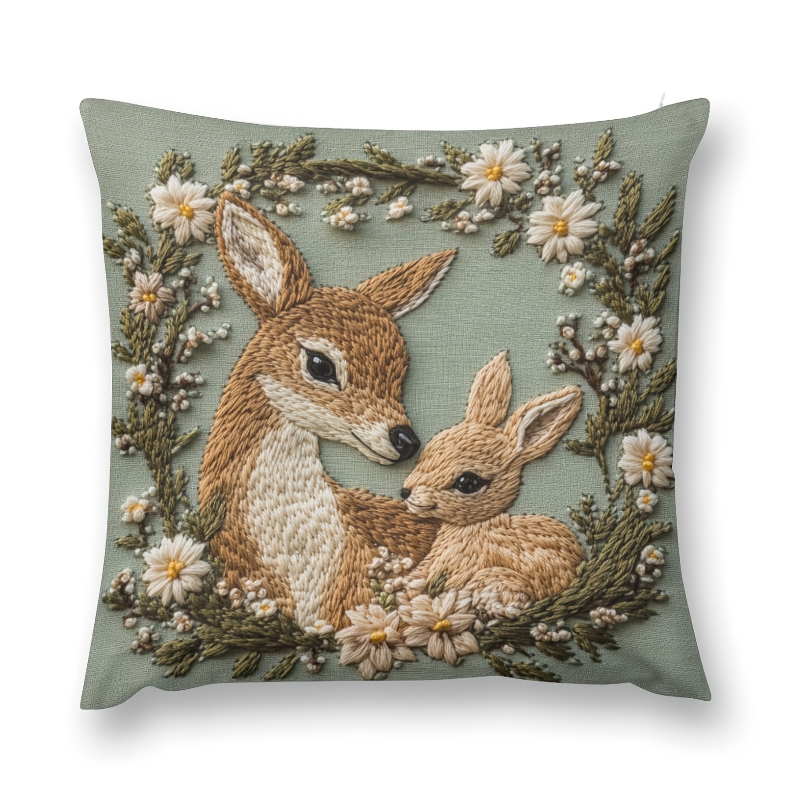 

1pc Contemporary Embroidered Deer And Fawn Pillow Cover, 18x18in, Machine Washable, Zippered Polyester Decorative Throw For Room - Wmq1119195