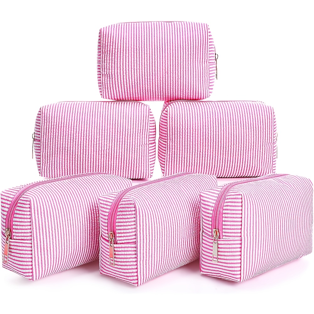 TEMU 6pcs Sacs Cosmétiques Seersucker Lot Sacs de Cosmétique Seersucker Rayés Pochette Femme Grande Pochette de Rangement Preppy Articles de Toilette