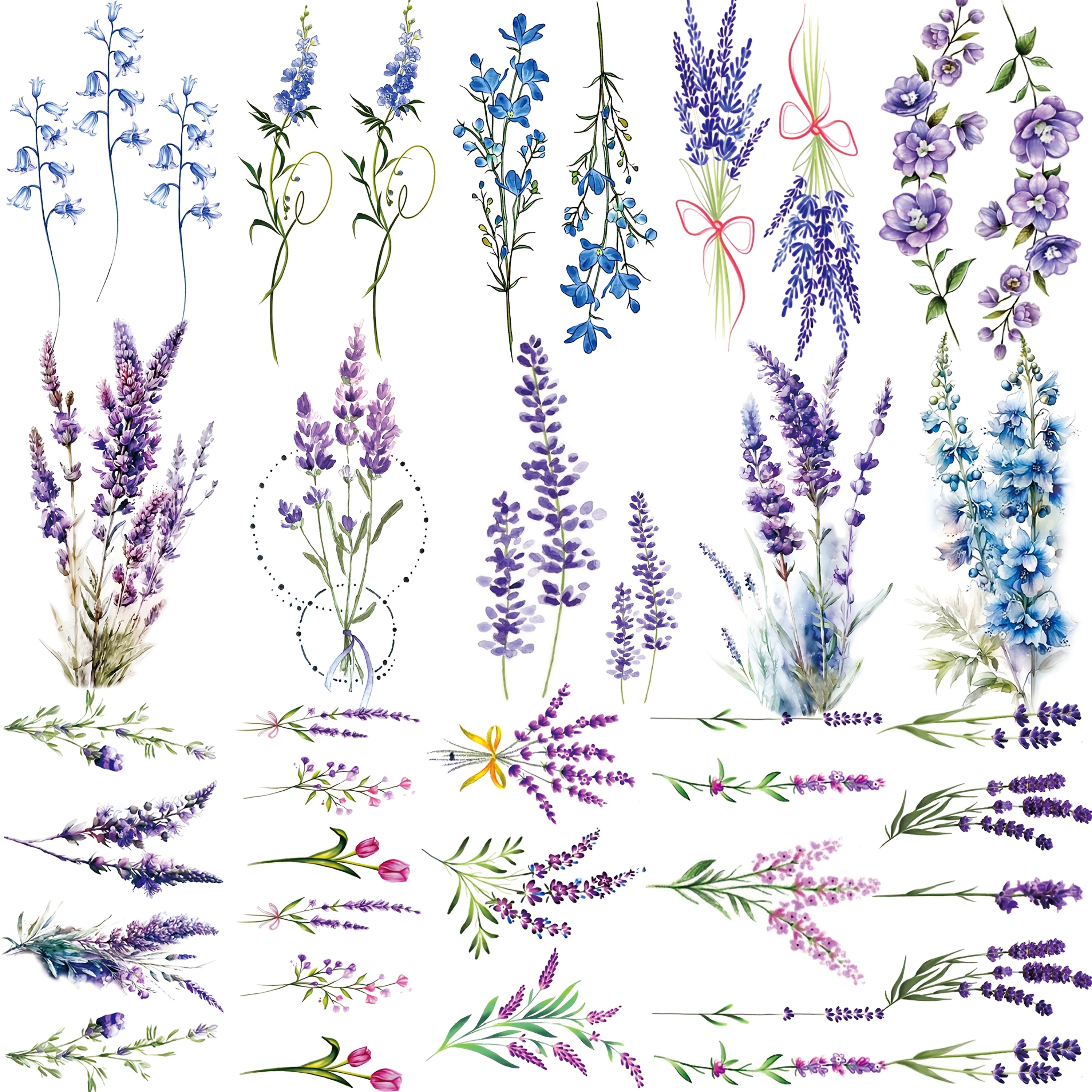 Image of 15pcs Lavender Temporary Tattoos, Watercolor Style, Assorted Designs, Waterproof, For , With Floral Wrist, Ankle, Neck Tattoo Stickers, Oblong Shape