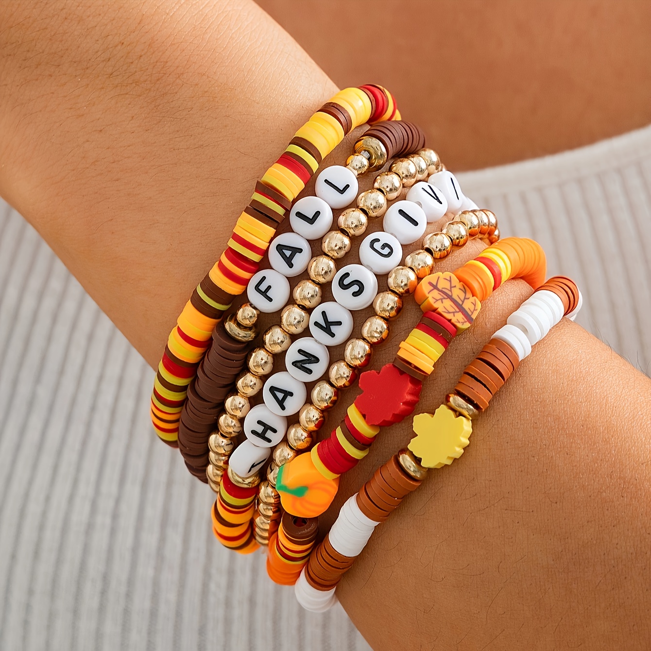 TEMU 7pcs Thanksgiving Creative Soft Clay Mosaic Personalized Letter Acrylic Bead Bracelet, Suitable For Parties, Holidays, And Daily Wear