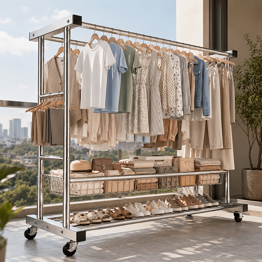 Stainless Steel Double Rod With Pulley Clothes Rack 150 Kg Heavy-duty With Basket Clothing Rack Multi-functional Drying Rack, Drying Racks