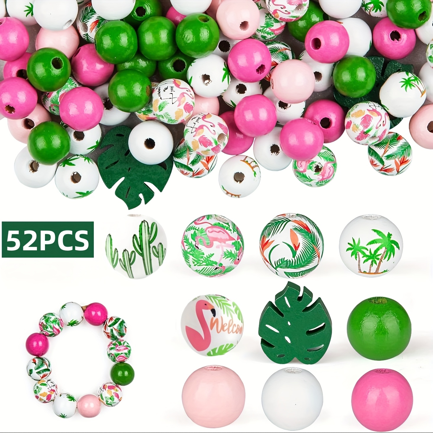 Image of 52pcs/104pcs 16mm Spring And Summer Flamingo Cactus Mixed Wooden Bead Set, - Grass Flamingo Beads String Decorative Jewelry Making Key Bag Chain Beaded Crafts Party Home Decoration Handicrafts