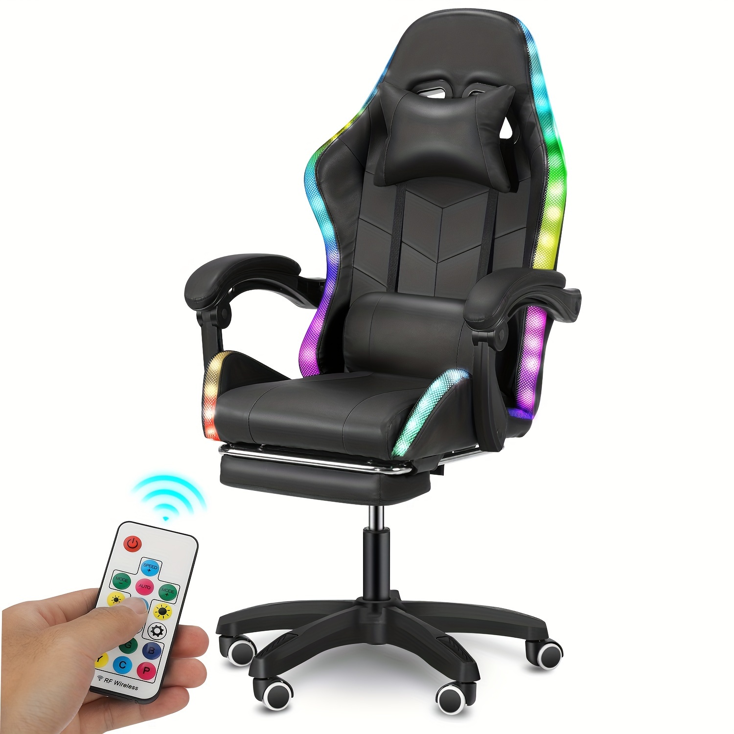 

Gaming Chair With Pu Leather Office Chair With Footrest And Led Lights Ergonomic Gamer Chair With Lumbar Support And Headrest Adjustable Swivel For Home Office 330lb, Black