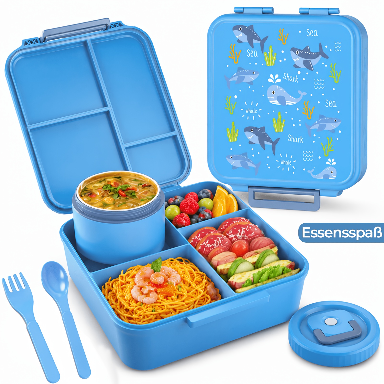 Pink/blue Lunch Food Container With 4 Compartments, Insulated Hot Food Can, Dishwasher Washable, Lunch Box Set With Cutlery Set