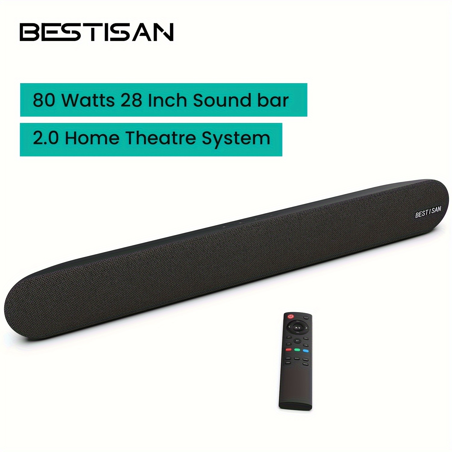 

Bestisan 80 Watts Tv Sound Bar Home Theater Speaker With Optical, Rca, Aux Port, Bt 5.0, Movie/music/dialogue Audio Mode, Enhanced Bass Technology, Bass Adjustable, Wall Mountable, 2024 Version