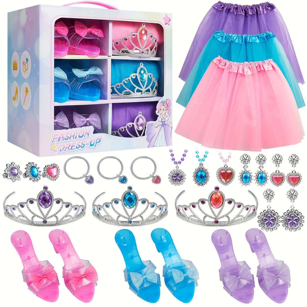 TEMU Princess Dress Up Toys & Jewelry Boutique For Girls Ages 3+, Dress Up Costume Set With 3 Color Skirts, Shoes & Crowns, Pretend Role Play Outfit,