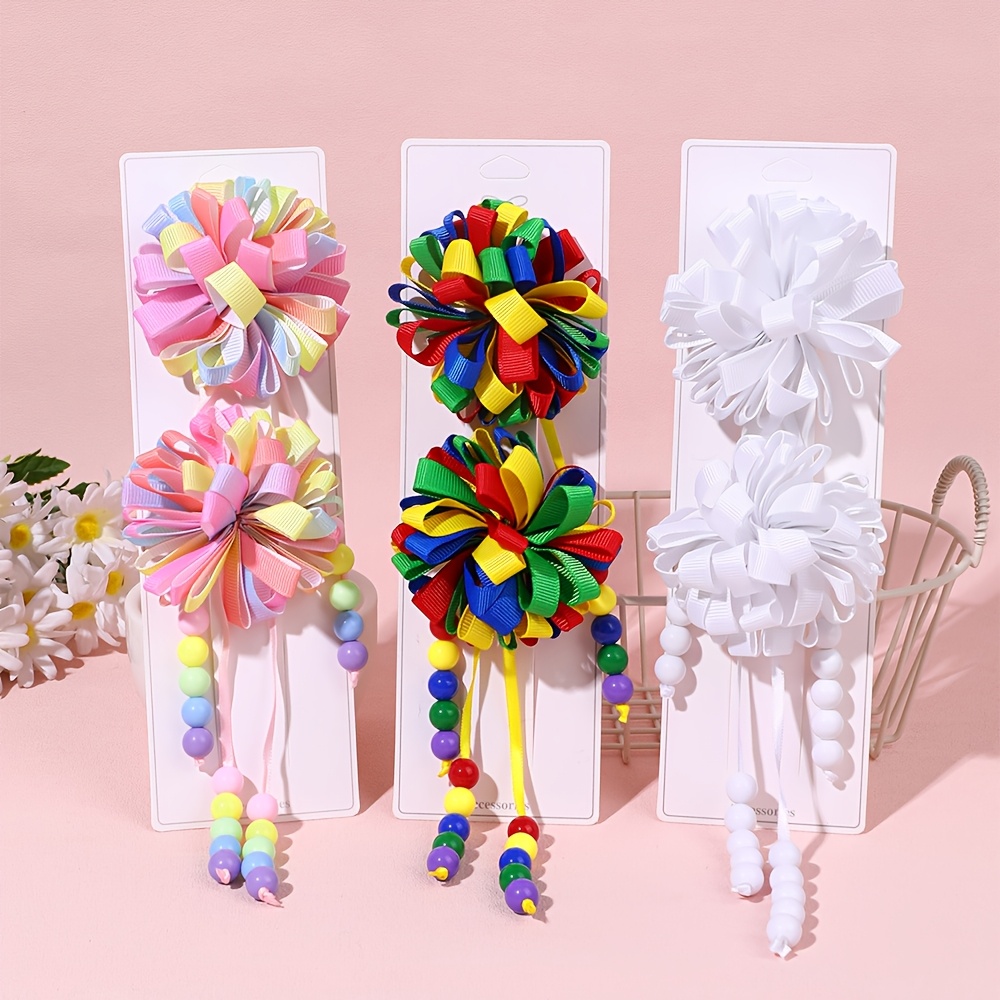TEMU 6pcs Colorful Pom-pom Flower Hair Clips With Beaded Tassels Cute Ribbon Pom-pom Hair Accessories For Spring Summer Back To School & Outdoor