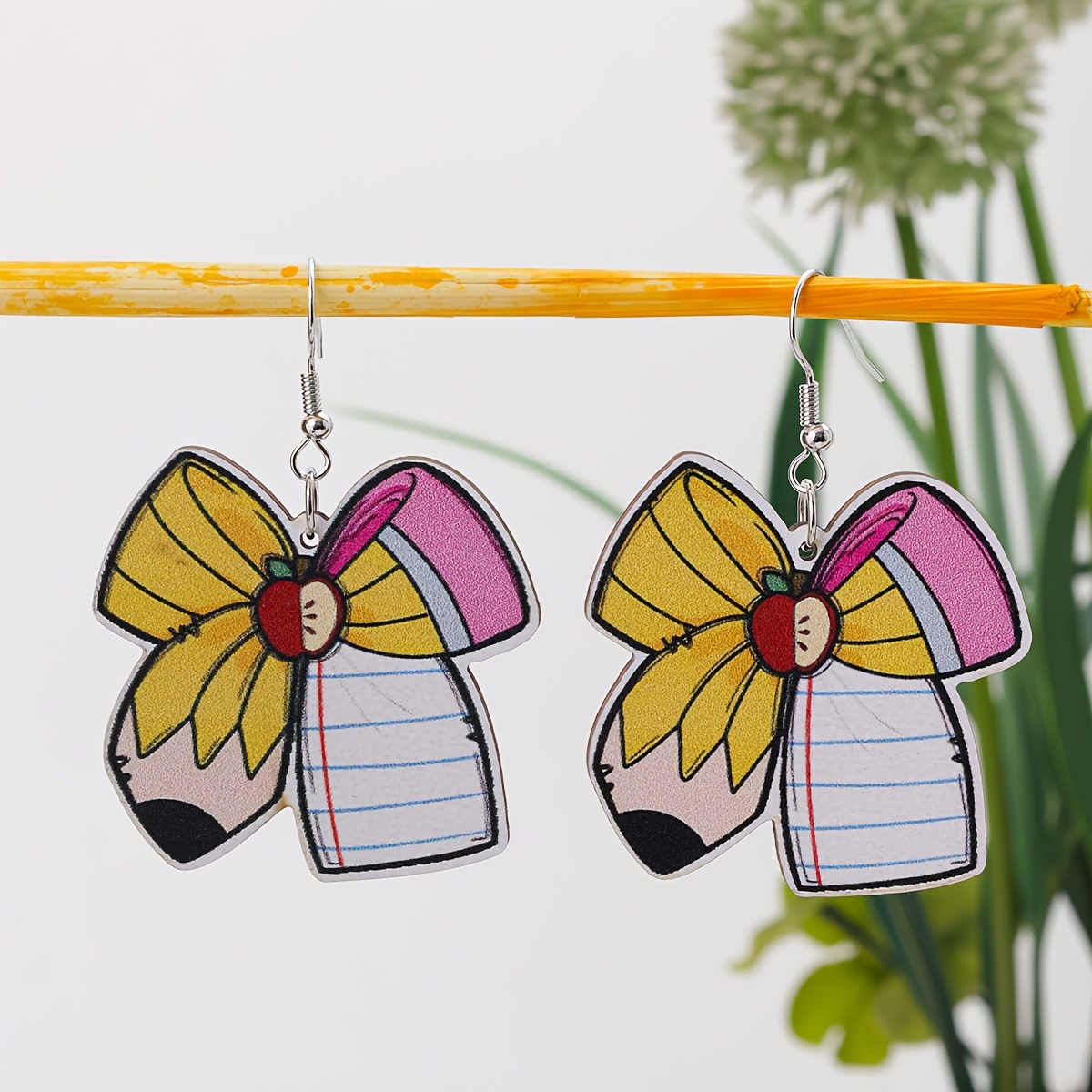 

Pair Of Pencil & Bow Wooden Earrings - Cute Vacation-style, White Golden Plated, Iron Hooks - Ideal For Daily Women, Outfit |pencil Bow Earrings| Jewelry, Quirky Earrings