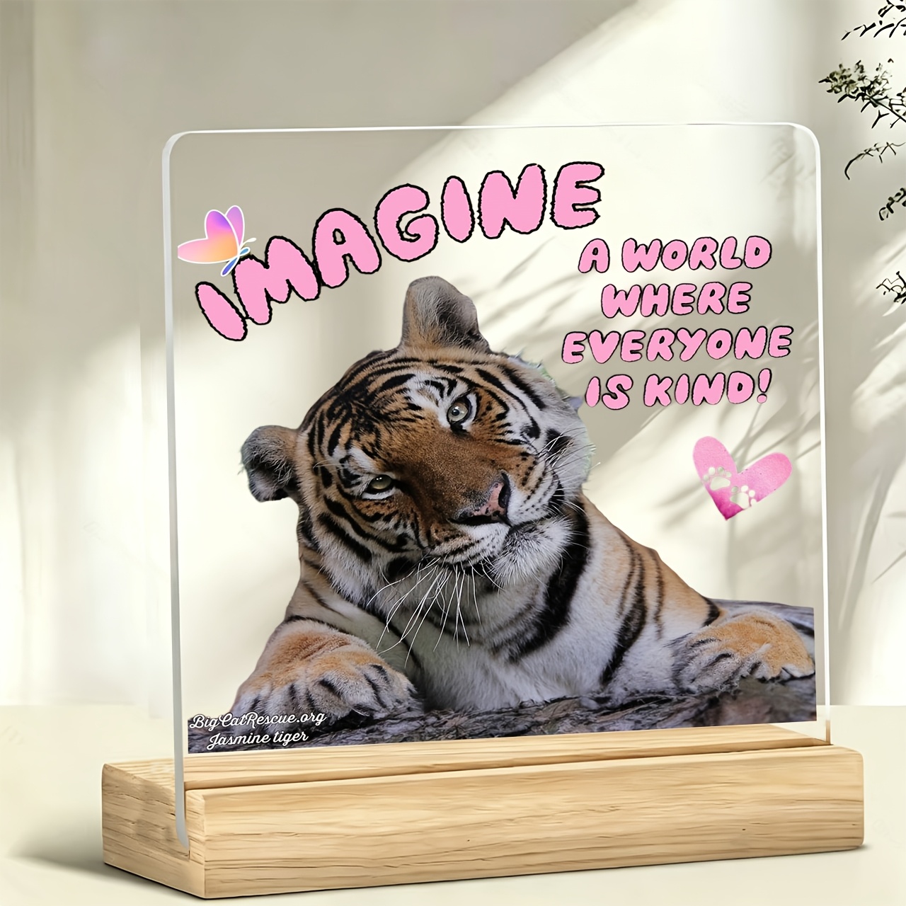 TEMU 1pc " A World Where Everyone Is Kind" Tiger Figurine Slogan Ornament, Warm And Inspirational Slogan, Acrylic Ornament With Wooden Base,