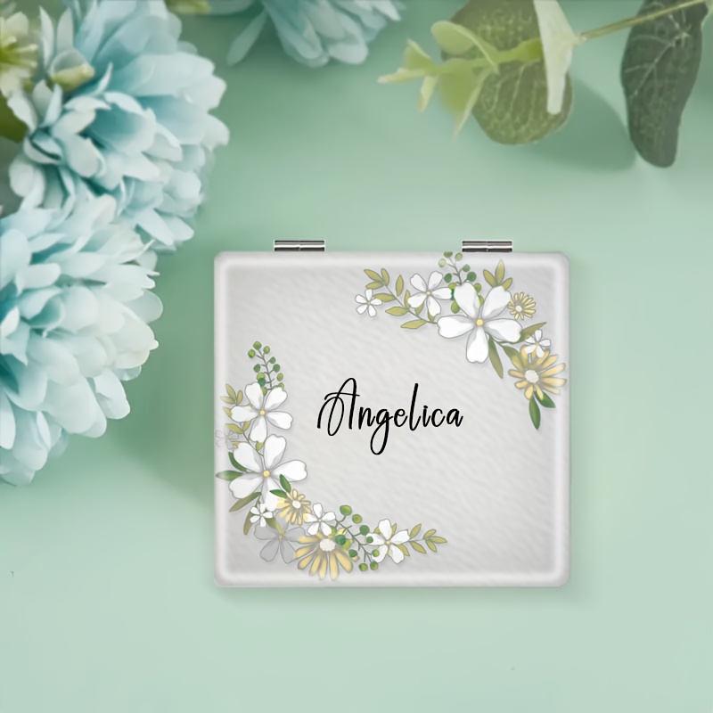 TEMU Personalized Floral Name Mirror - Custom Compact Folding Makeup Mirror With 3 Floral Patterns, Portable Pu Travel Mirror For Women, Valentine's