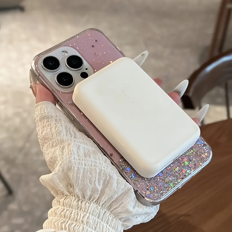 Fashionable Glittering Sequined Magnetic Epoxy Transparent Phone Case Compatible with iPhone 16 15 14 Plus 13 12 11 Pro Max XM XR XS X Blingbling Transparent Shockproof Back Cover.