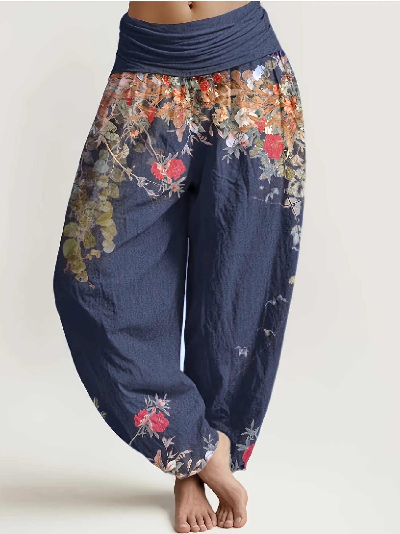 plus size plus size casual   flower vine pattern womens elastic waist harem pants