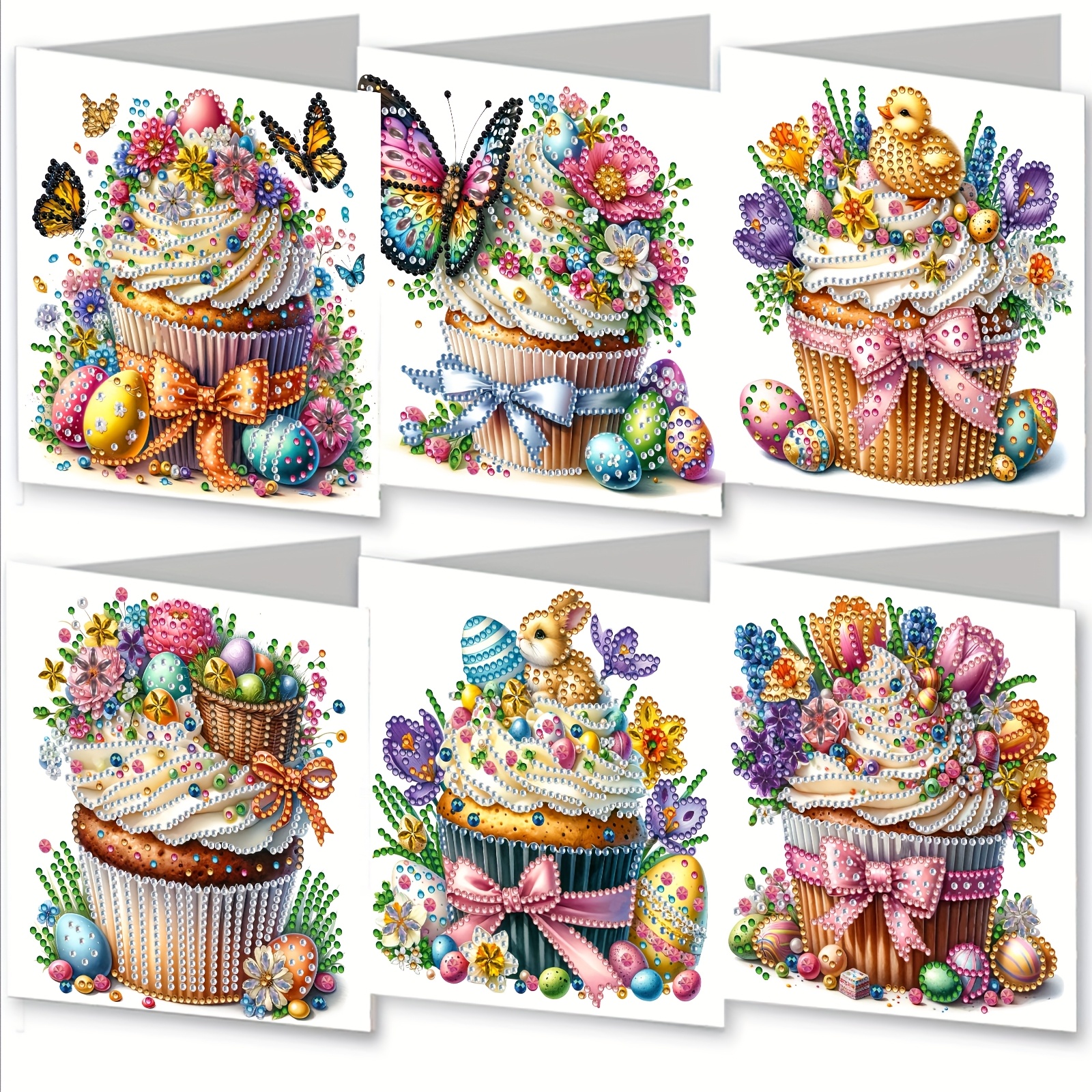 TEMU 6pcs/set 15.0*30.0cm/5.9*11.81inch Diy Diamond Painting Colorful Holiday Greeting Cards Easter Flowers Egg Cupcake Pattern Irregular Diamond