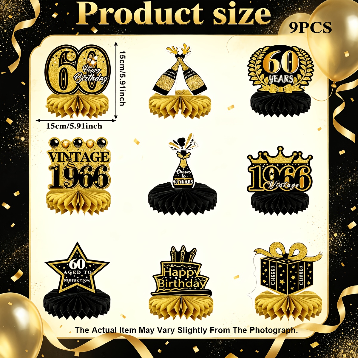 TEMU Décorations de fête pour 60e anniversaire, 9 pièces - Fournitures de centres de table vintage noirs et dorés pour fête d'anniversaire 60 ans,
