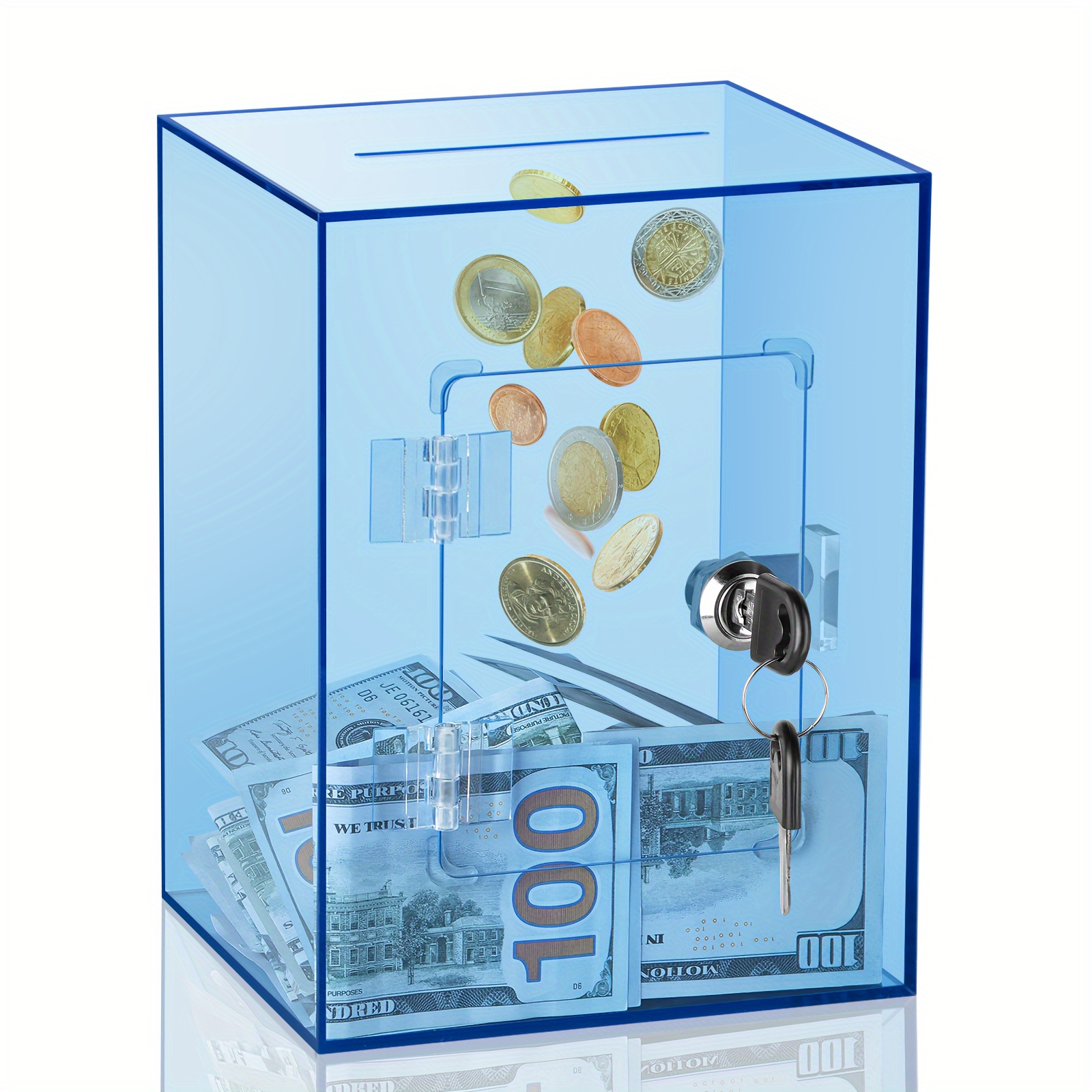 

Large Transparent Blue Acrylic Piggy Bank With Key - Sturdy Money Saving Jar For Cash & Coins, Ideal For Daily Office Use